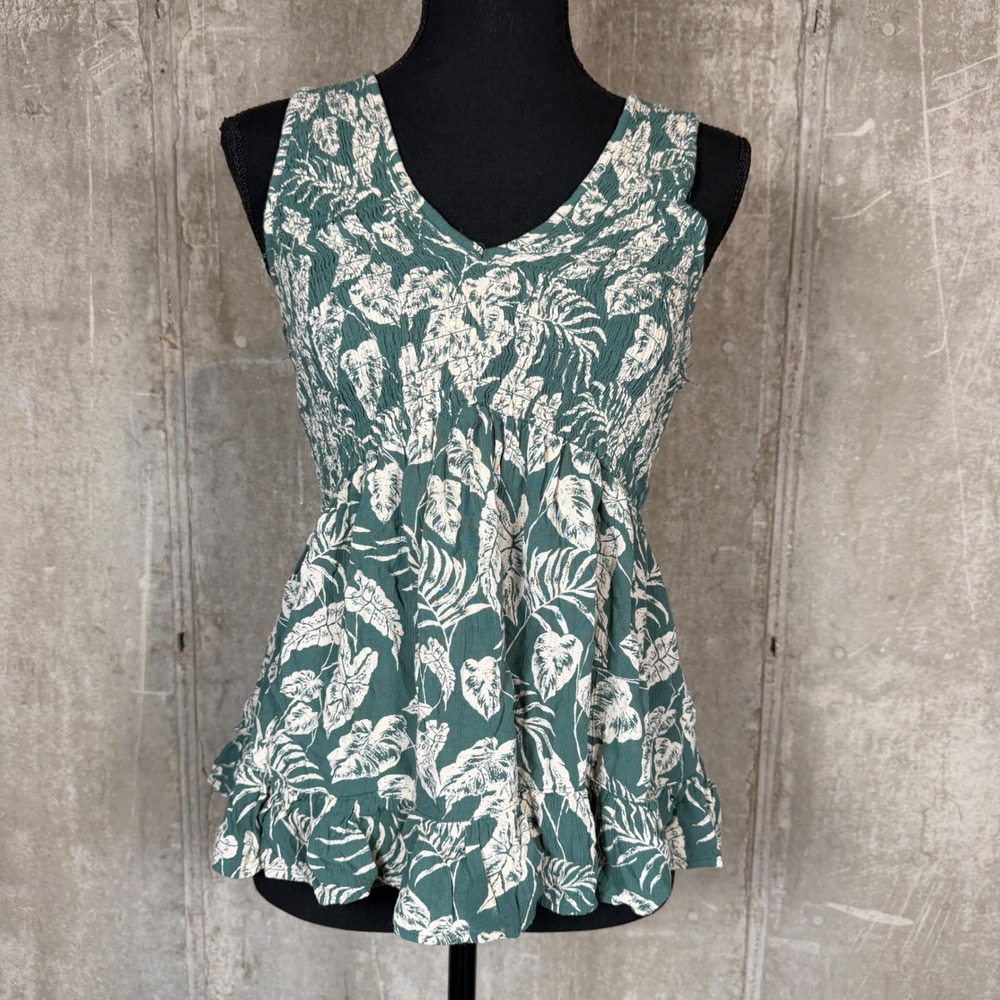 Angie Womens Green Tropical Leaf Smocked Peplum Top Ruffle Hem Size M